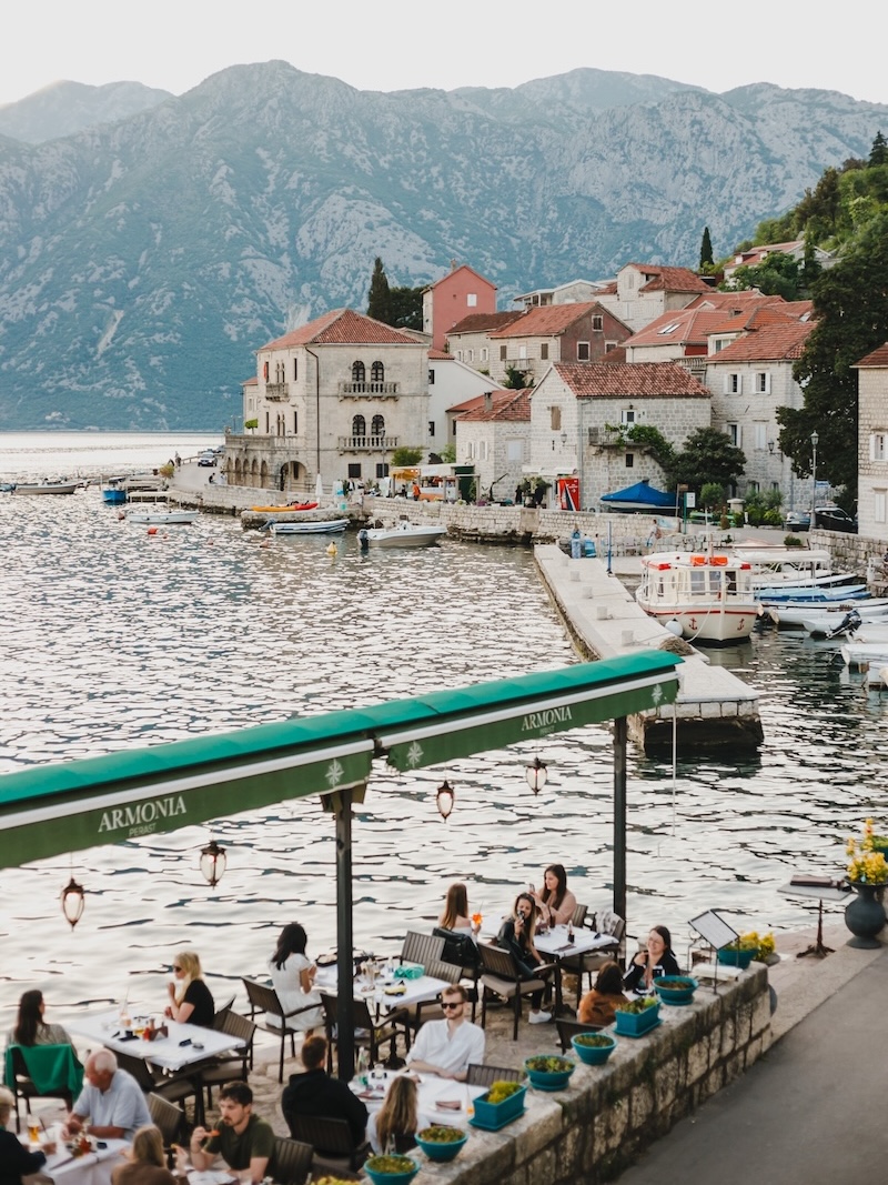 Perast waterfront overlooking the Bay of Kotor in Montenegro
